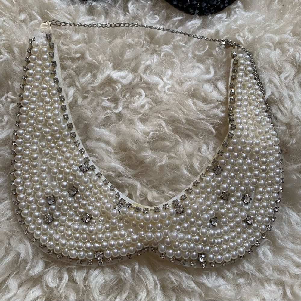 White Simulated Pearl Clear Crystal Felt Peter Pan Collar Necklace